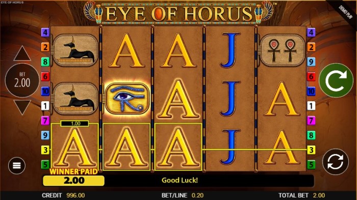 Full view of Eye of Horus slot interface showing Egyptian theme