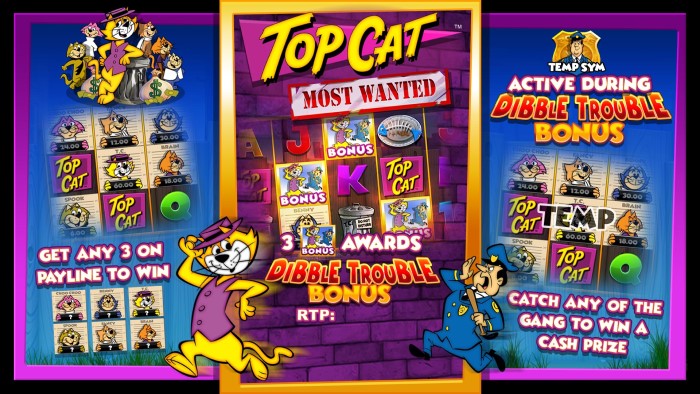 Top Cat Most Wanted JK slot game interface showing 5x3 grid